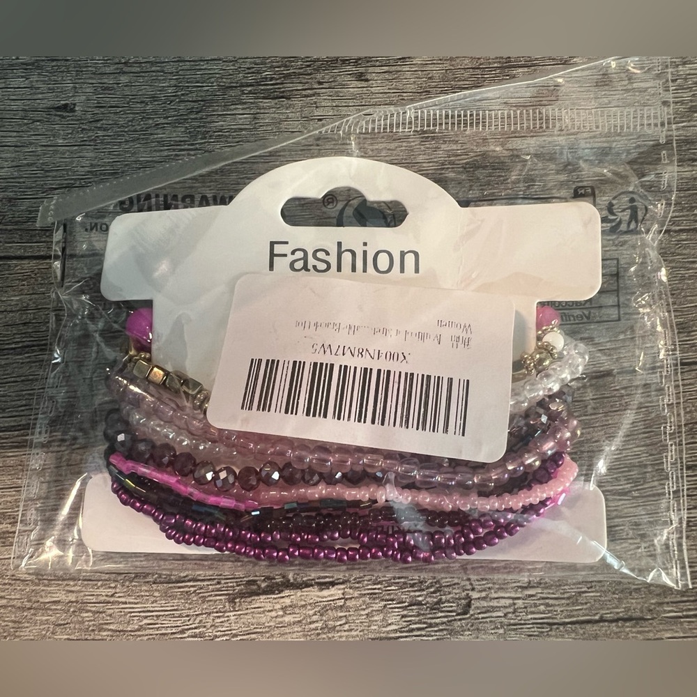 Boho Multi-Strand Beaded Stretch Bracelet Stack - Purple, Pink & Gold - Picture 5 of 5